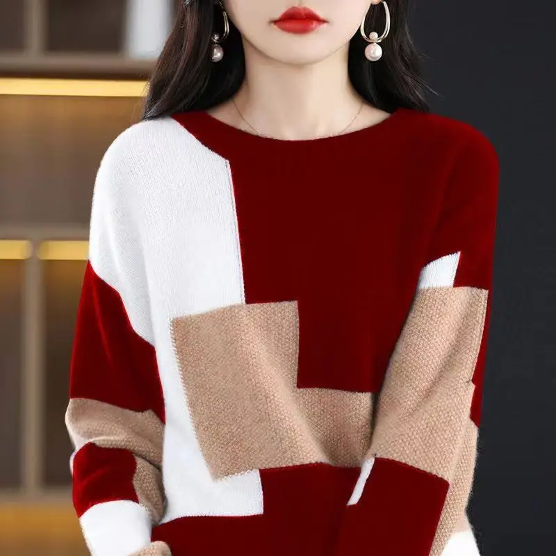 

Women's Autumn Winter Crew Neck Solid Flocking Pullover Screw Thread Long Sleeve Sweater Knitted Undershirt office lady Tops