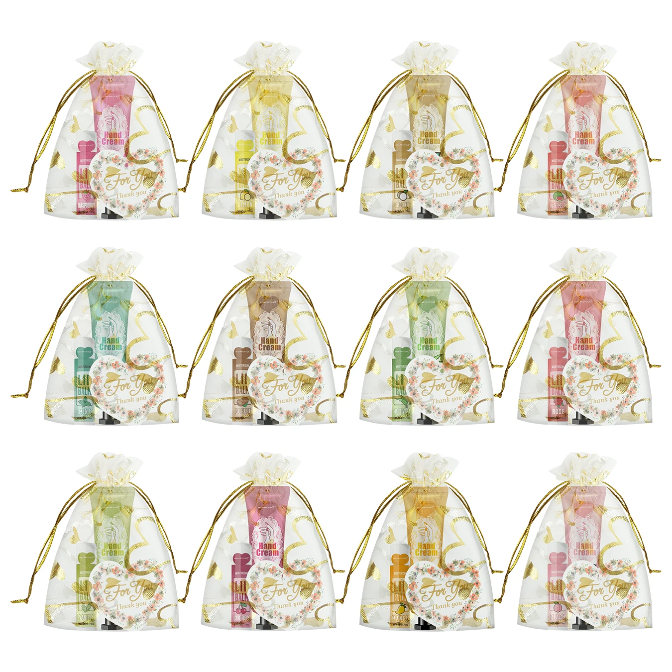 24 Hand gift Hand cream and lip balm set Friends Party Gift with love net bag and thank you card Holiday gift 5