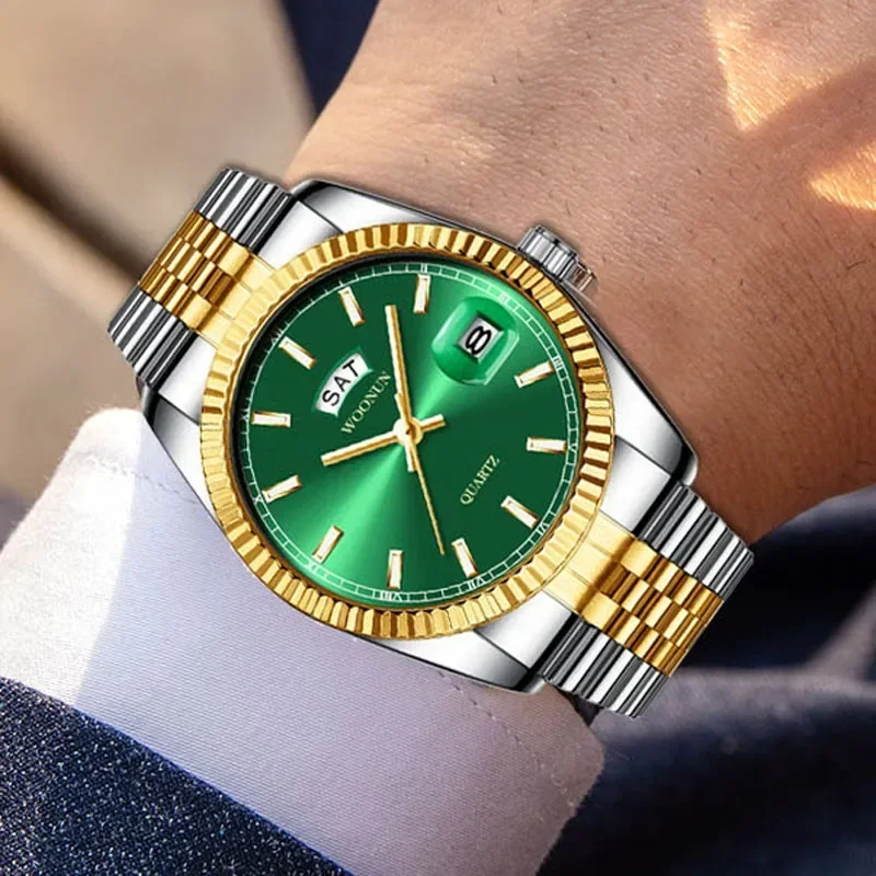 Relogio Masculino Fashion Luxury Gold Watch Men Green Watches Argento Golden Stainless Steel Day Date Orologi Da Polso Al Quarzo Da Uomo