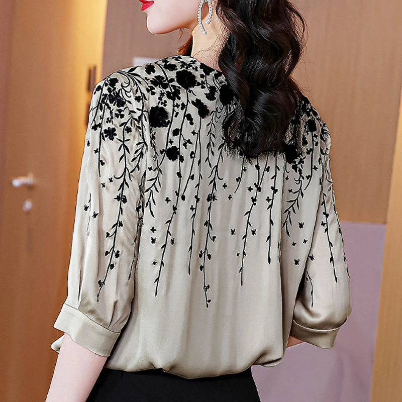 2025 Summer Women Satin Blouse Print Half Sleeve Loose Casual Shirts Women Autumn Fashion Vintage Tops Elegant Blusas 19180