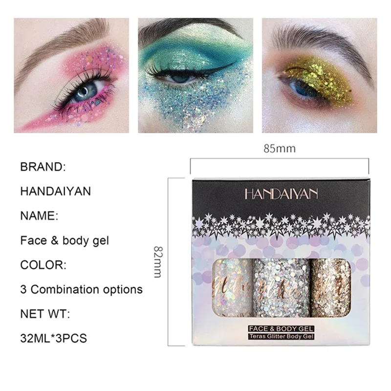 3 Colors/set Multifunctional Eye Glitter Cream Nail Hair Body Face Glitter Gel Flash Loose Sequins Cream Festival Glitter Deco 6