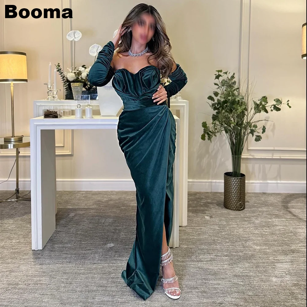 

Booma Simple Velvet Mermaid Evening Dresses Sweetheart Detachable Sleeves Formal Party Dress for Women Side Slit Prom Gowns
