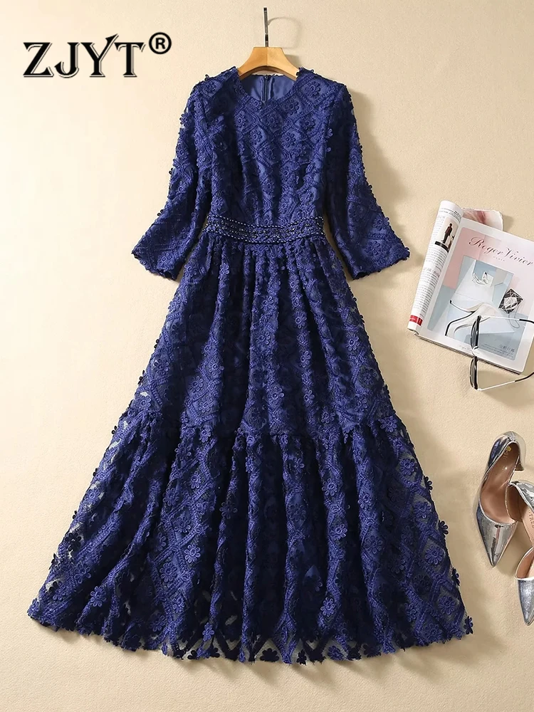 

ZJYT Luxury Embroidery Beading Midi Lace Dresses for Women 2023 Autumn Formal Occasion Party Vestidos Fiesta Blue Vintage Robe