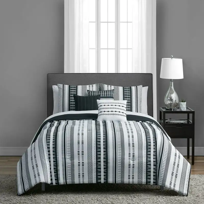 

Black and White Stripe 10 Piece Bed in a Bag with Sheets and 3 DecPillows,