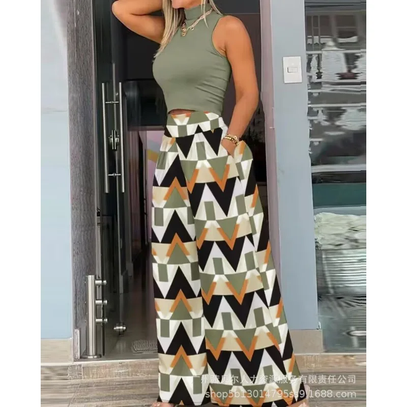 

Women Two Piece Set Vacation Outfits Y2K Clothing Bohemian Vacation Outfits Tracksuit Geometric Print Top & Wide Leg Pants Set