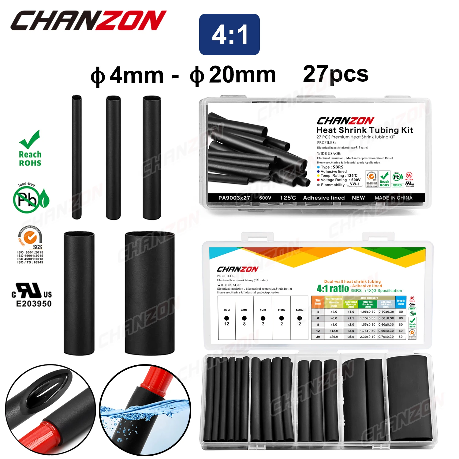 5 Size 4:1 Heat Shrink Tube Kit Glue Dual Wall Adhensive Lined Waterproof Wire Protector Shrinking Wrap Hose Assorted 27Pcs