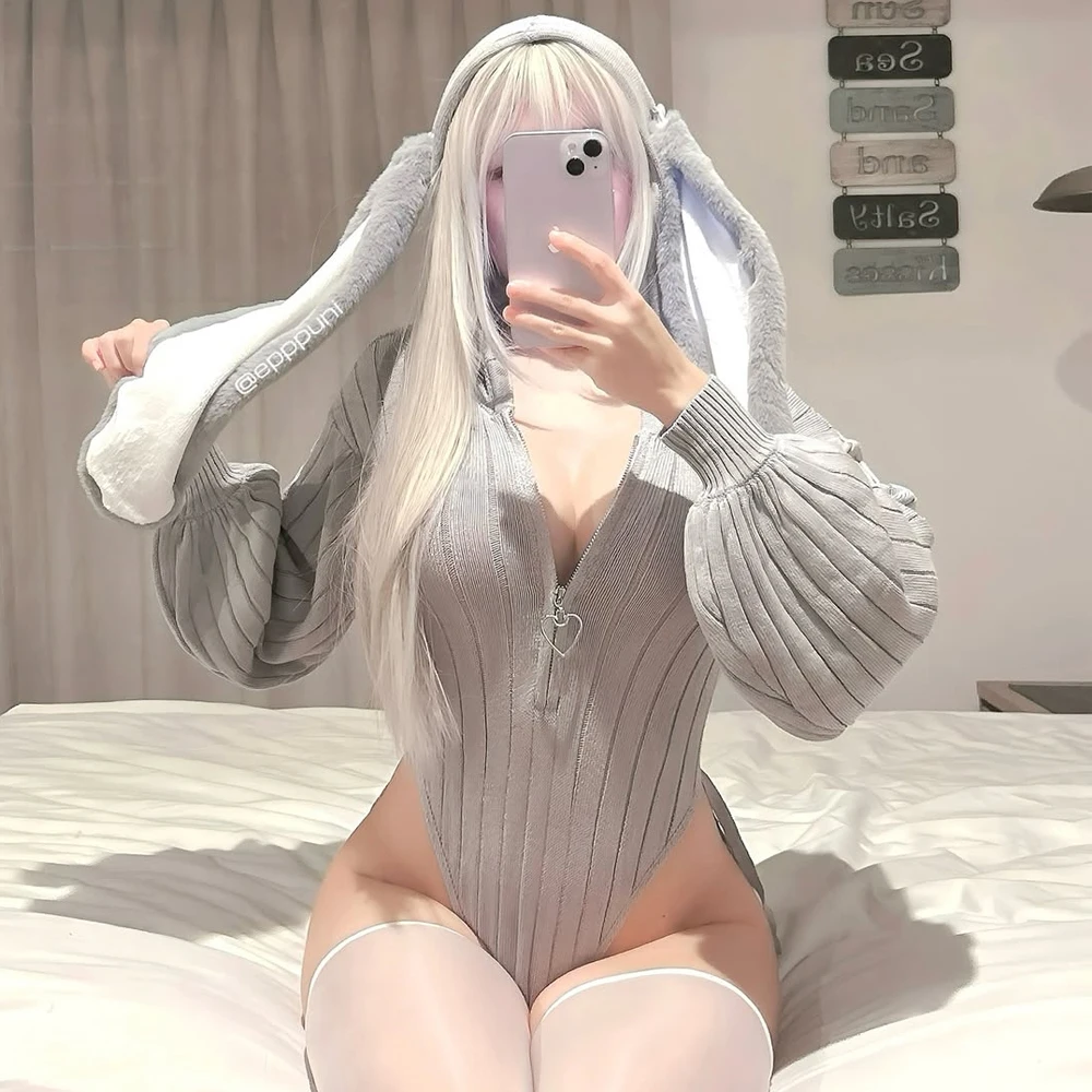 Year-end sale KORURACLUB cute rabbit jumpsuit sweater love zipper knitted bunny long-sleeved plush rabbit tail home pajamas 5