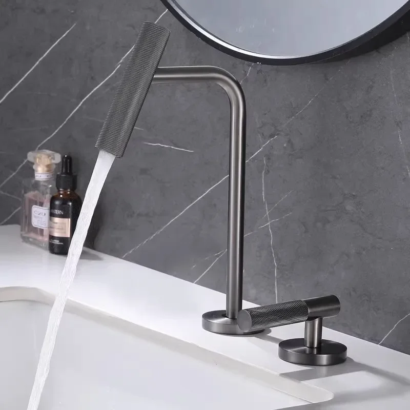 Description Picture 2 of itemGray Basin faucet Bathroom two holes Widespread Brushed Gold sink tap 360 rotating widespread Black