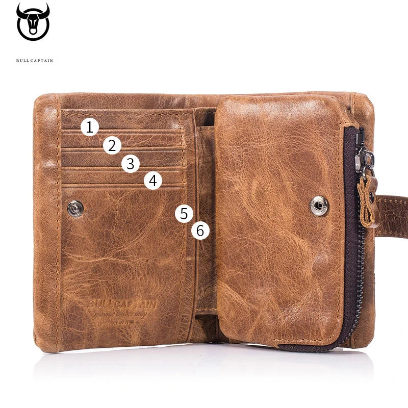 Bullcaptain Genuine Leather Men Short Wallets Casual Money Bags For Male Credit Card Holder Hasp Zipper Coin Purse Clutch JYE017 5