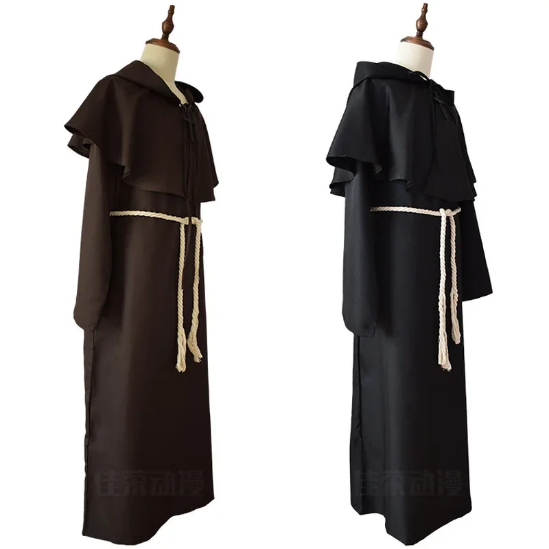 Mönch Kostüm Robe – Schwarzes Priester Gewand Mit Kapuze, Kreuzkette & Gürtel Für Halloween & Cosplay