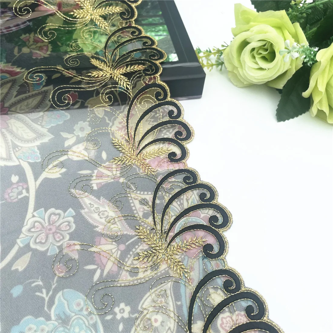 3y/lot Width 17cm Luxury Floral Gold Shiny Embroidery Lace Trim For Skirt Hem Clothes Sewing Material DIY Apparel Dress Fabrics 3