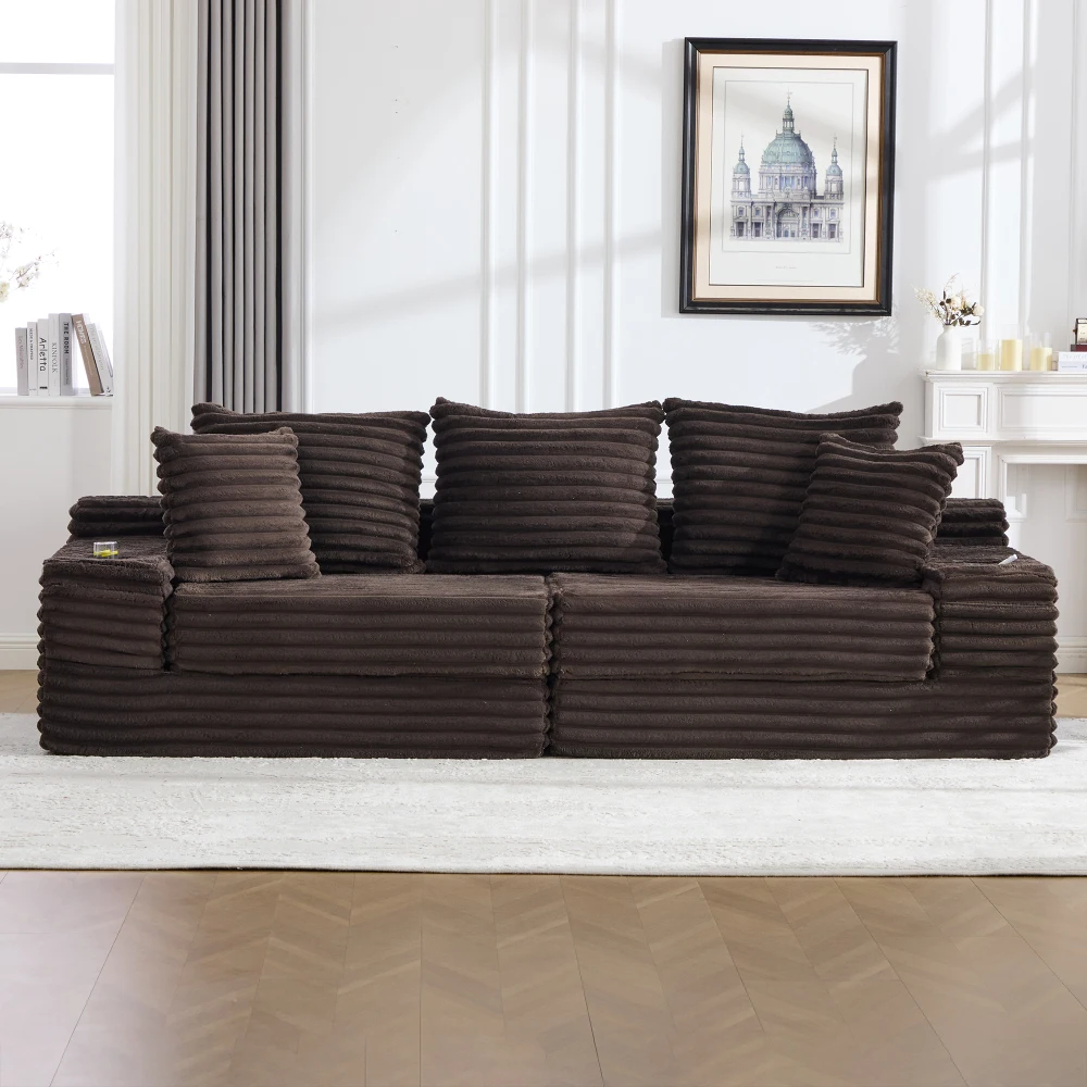 Cordstoff Kompressions-Sofa mit Hoher Rückenlehne und Zusätzlichen Kissen, Beidseitige Taschen, Frei Kombinierbar Als Schlafsofa – Detail 15