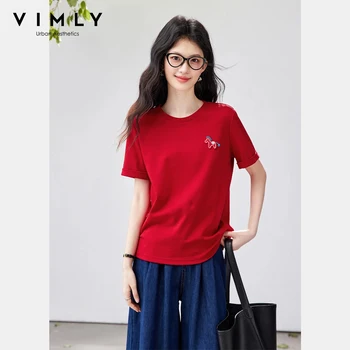 VIMLY Women's Casual Versatile Red T-Shirt 2026 Summer New Office Fashion Fun Pony Embroidery Crew Neck Short Sleeve Top A6279 1