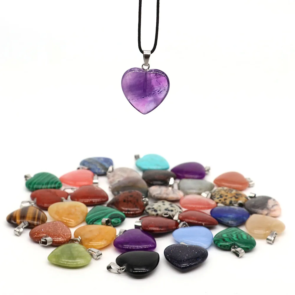 20mm Natural Love Heart Pendants Crystal Stone Mineral Quartz Healing Fashion Gems Jewelry DIY Necklace Accessory Gift Wholesale