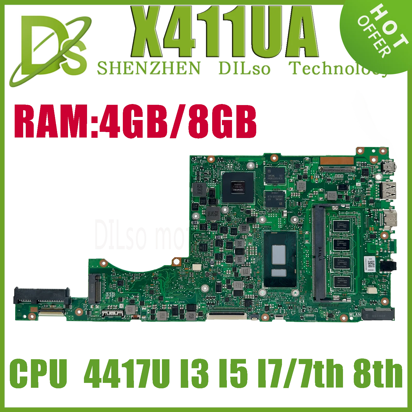 

KEFU X411UV Laptop Motherboard For ASUS Vivobook S4200U S4100U X411UQ X411UA X411UN Mainboard 4417U I3 I5 I7 7th/8th 4GB/8GB-RAM