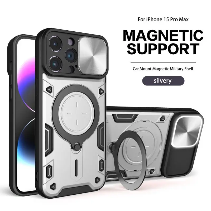 Slide Camera Shockproof Armor Case with Ring Holder and Magnetic Back Cover