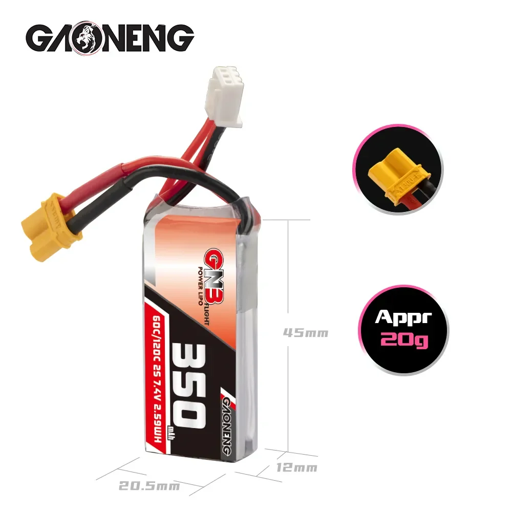 Batterie LiPo 2S 7.4V 350mAh avec étiquette de spécifications, connecteurs XT30 et PH2.0 pour hélicoptère RC.