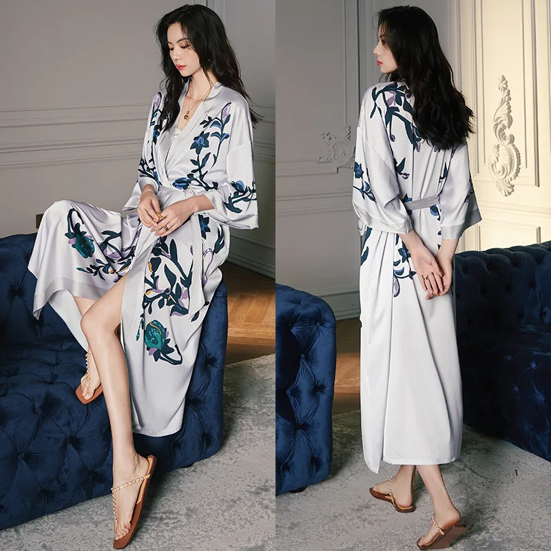 New satin pajamas female summer large size light luxury seven points sleeve cool feeling nightgown bathrobe home clothes female