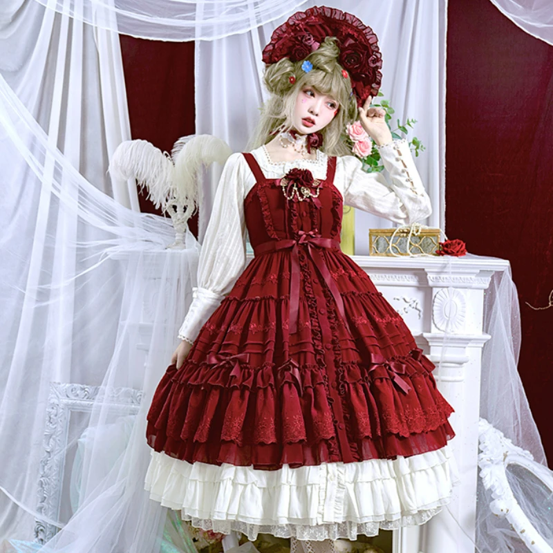 

Женское винтажное платье В Викторианском Стиле Лолита JSK, элегантное кружевное платье с бантом, оборками и цветочной вышивкой на пуговицах, вечернее платье в виде розы для девушек