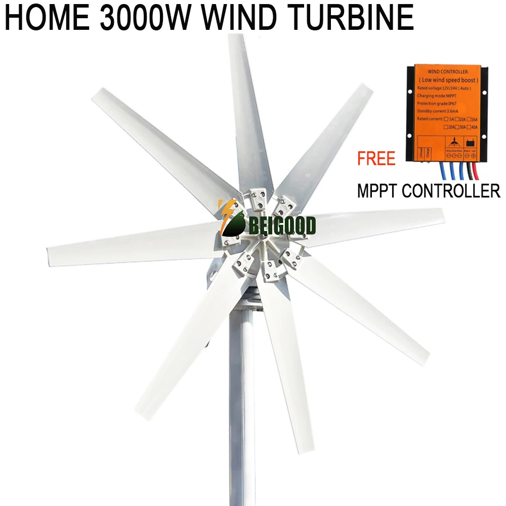 

Home 3KW Small Wind Energy Turbine Generator 3000W 12V 24V 48V Horizontal Windmill 8 Blades With Free MPPT Controller