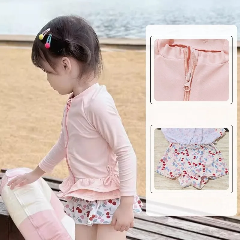 새로운 여아용 핑크색 부드럽고 편안한 긴팔 자외선 차단 수영복 귀여운 속건 통..