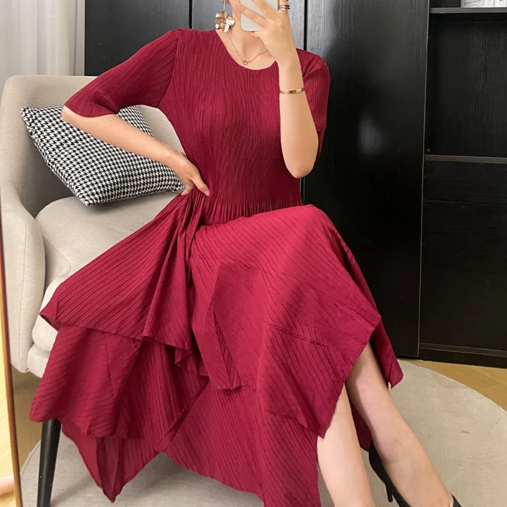 

Miyake Pleated Burgundy New Bottoming Dress Women's White and Thin Simple Fashion Elegant Mother's Clothing Plus Size