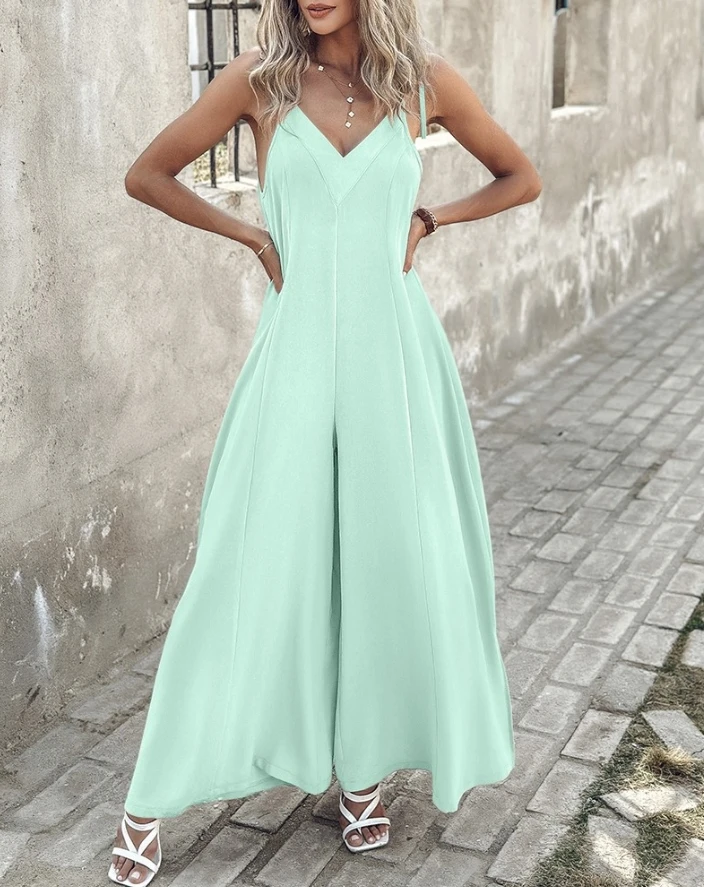 Women's Jumpsuit 2024 Spring/summer Latest Casual V-Neck Spaghetti Strap Tied Detail Ruched Versatile Wide Leg Romper Bodysuit