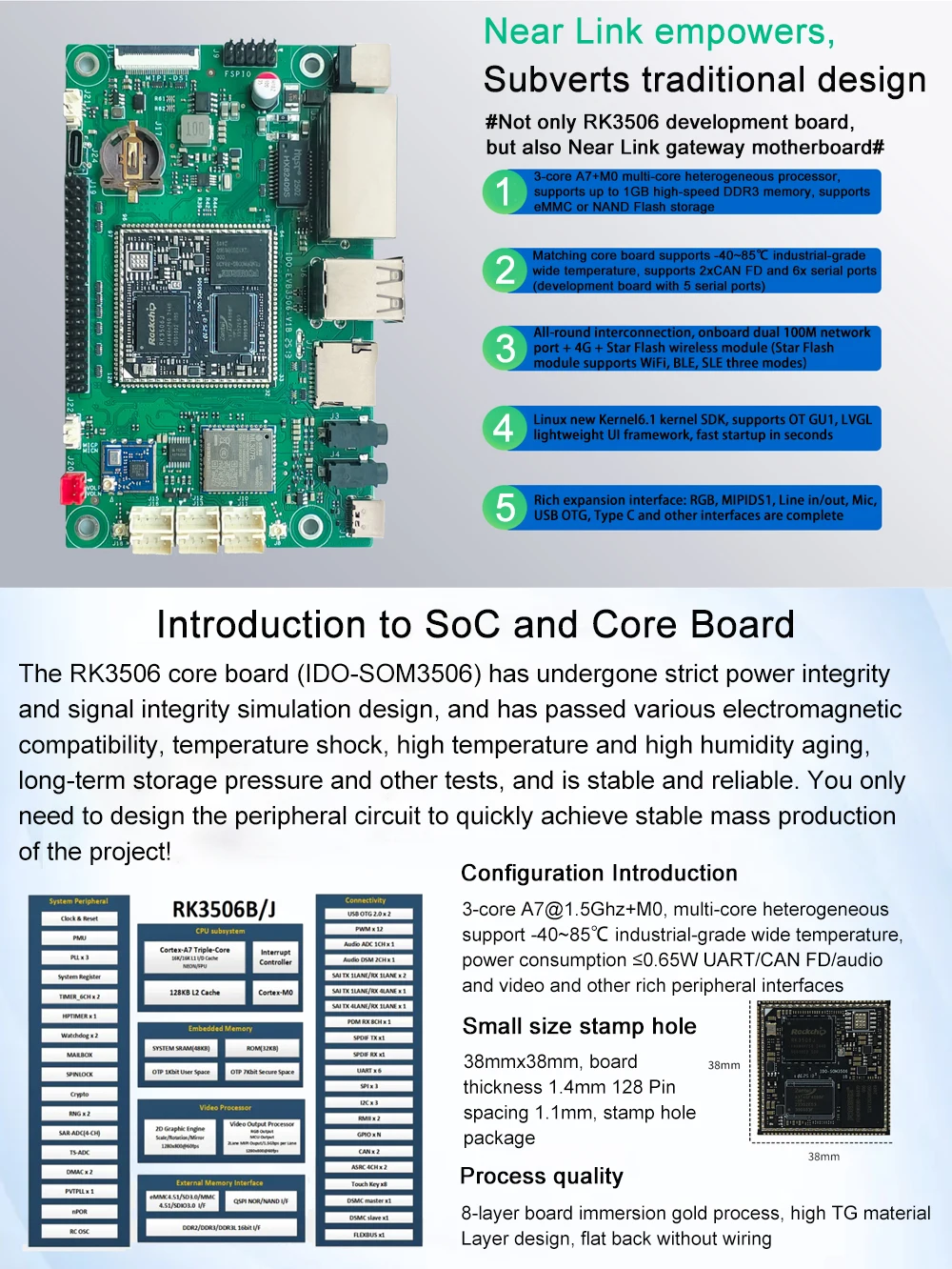 IDO-EVB3506 Near Link Gateway Motherboard Rockchip RK3506 Linux Industrial Devel