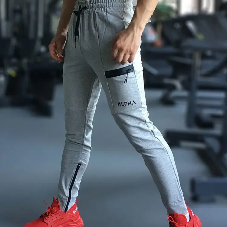 Spring Autumn Cotton Fitness Long Pants Men's Elastic Small Foot Zipped Pocket Sports Pants Deep Squat Training Sweatpants