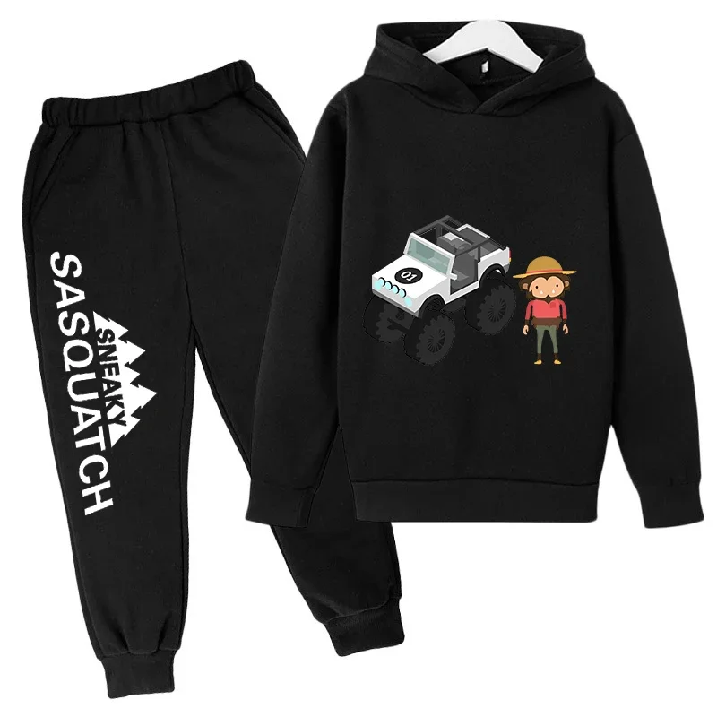 thumbnail image 1 of Conjunto de sudadera con capucha y pantalones de polar para niños, conjunto de 2 piezas, chándal, estampado de cabeza grande de Sasquatch furtivo, 1 of 5