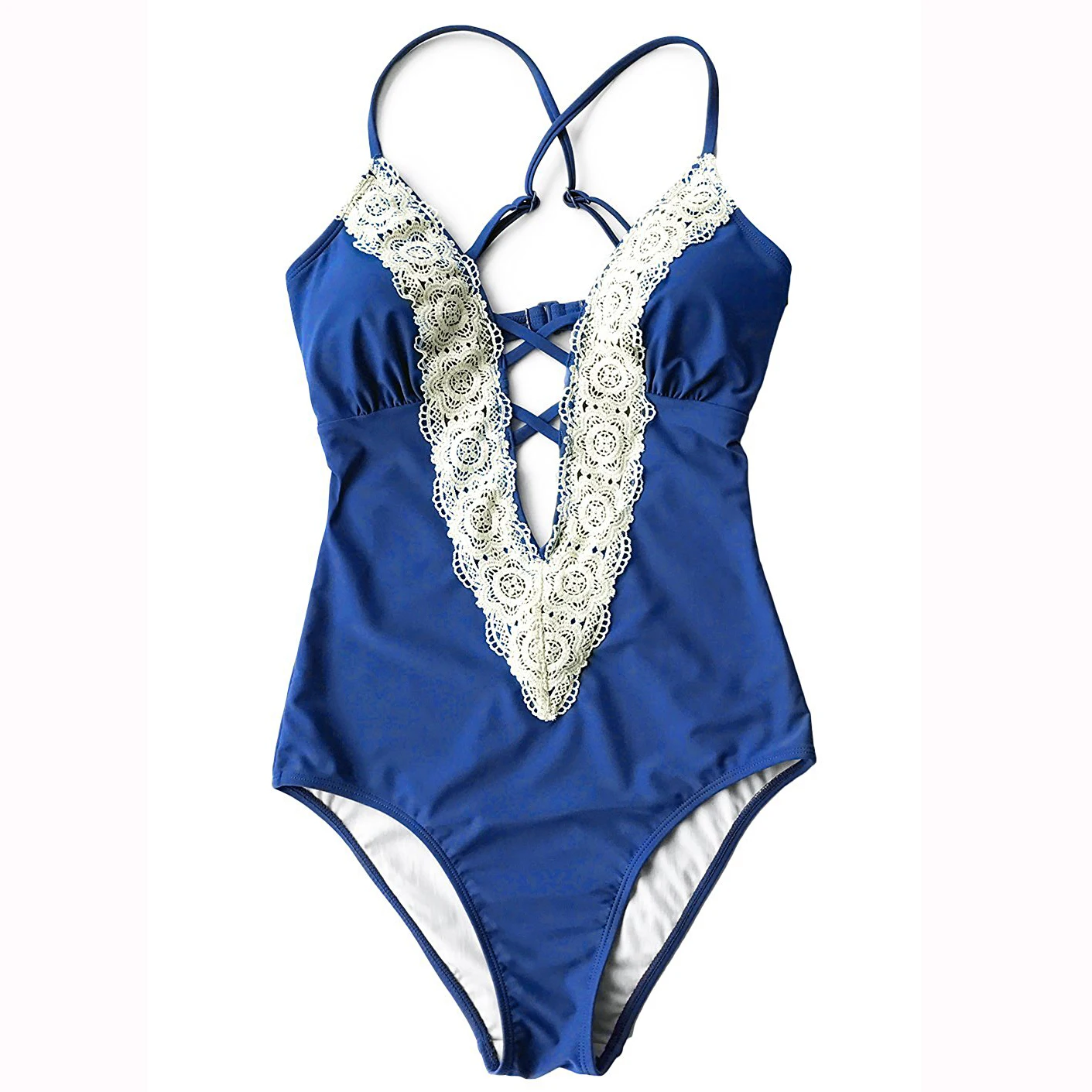 Fashion Women's Vintage Lace Deep V Neck Beach Bikini One-piece Striped Swimsuit Dropshipping