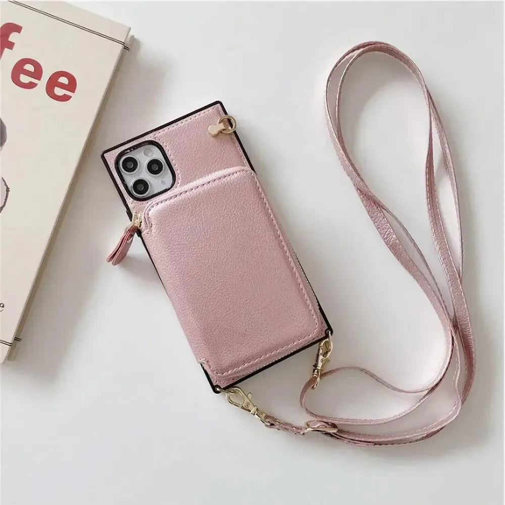 Elegant Zipper Wallet Crossbody Leather Case with Long Lanyard