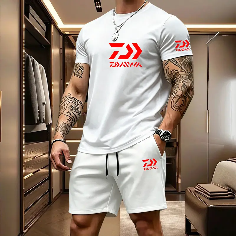 2026 Summer Men's Short Sleeved T-shirt Drawstring Shorts Set Breathable Outdoor Sports Set Men's Daily Fishing Suit - Image 3