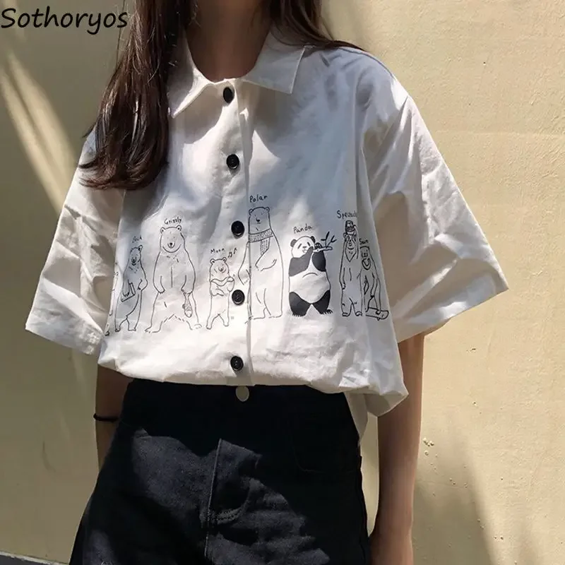 

Women Shirts Turn-down Collar Summer Harahjuku Streetwear Printed BF Fashion Womens Vintage Elegant Students Ulzzang Chic Tender