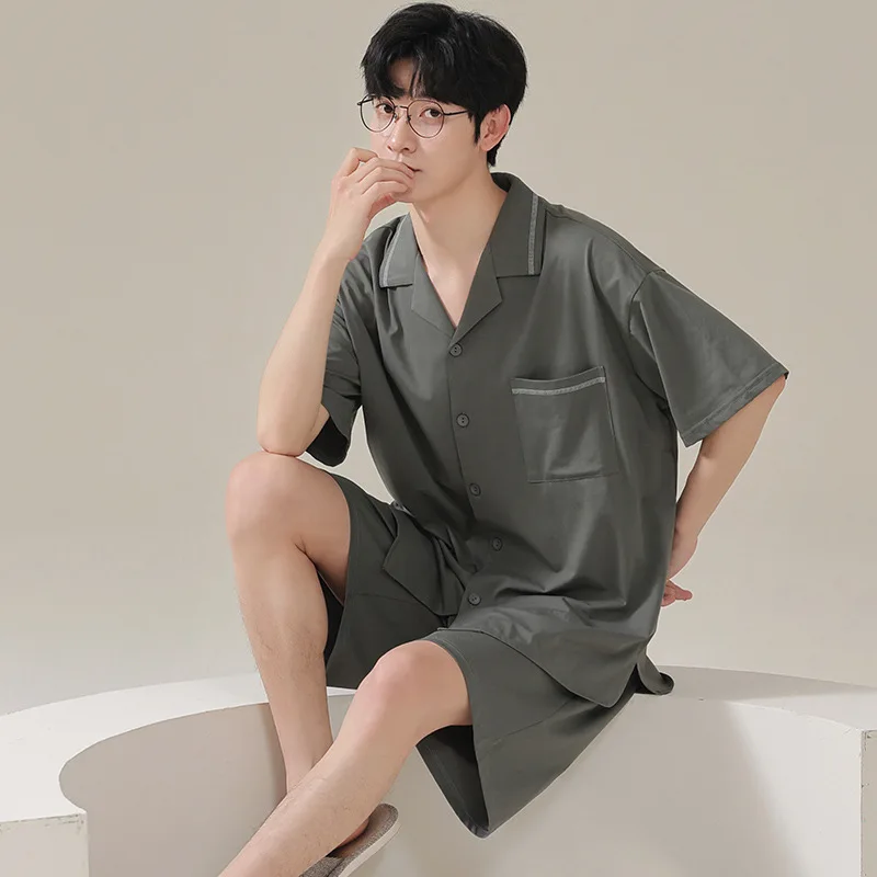 Summer Men's Thin Modal Pajamas Solid Short Sleeve Cardigan Shorts Oversized Loose Casual Home Clothing Set Luxury Sleepwear