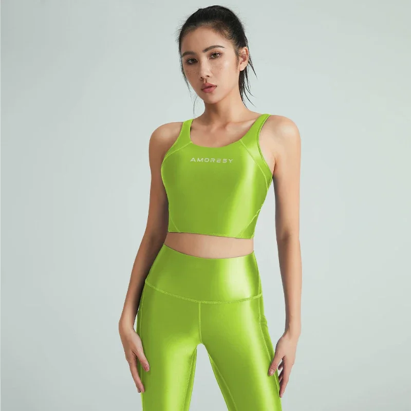 Yoga Set satin glossy clothes for women vest Oil High Waist Pants workout Smooth Fitness Gloss Yoga Running sport gym set leggings