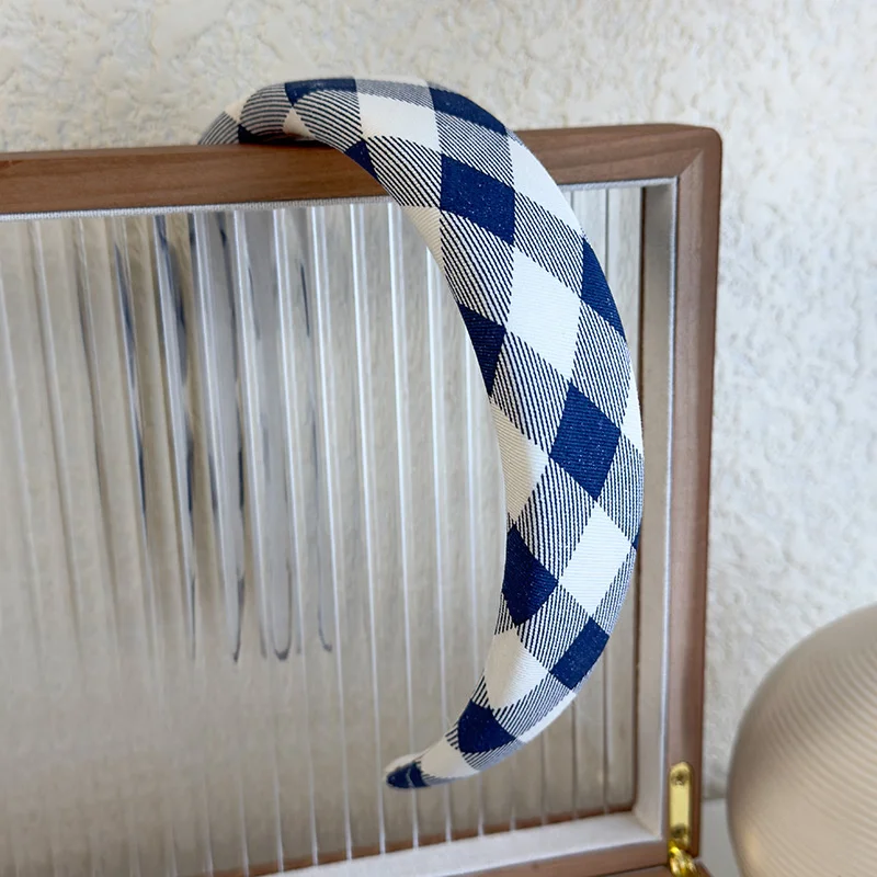 Bluish Stripe Plaid Print Headband with Sponge Padding and Sweet Blue Flower Bow Design