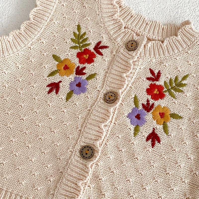 Newborn Baby Girls Knitting Vest Sleeveless Flower Embroidery Toddler Baby Girls Cardigan Sweater Autumn Spring Children Clothes