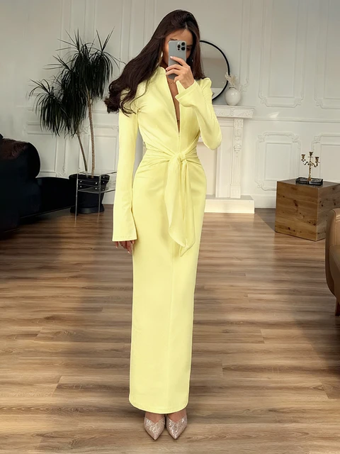 Sisterlinda Office Style Dress Women Shoulder Padded Zip Wrapped Bandage Full Sleeve Splits Elegant Solid Simple Long Bodycon