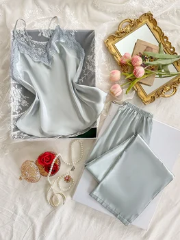 طقم بيجامات نسائي مكون من قطعتين بخياطة من الدانتيل وبسيط على الموضة 3