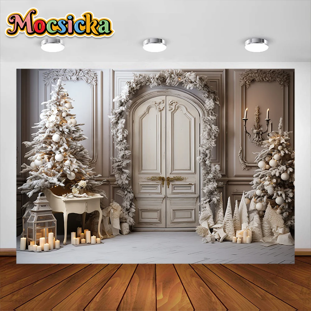 

Mocsicka Christmas Party Decoration Wooden Door Christmas Tree Cabinet Family Kids Adult Portrait Photography Studio Prop Banner