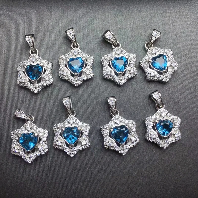 

S925 Natural Blue Topaz Pendant For Women Party Minimalist Trendy Fine Jewelry Geometric Accessories 5MM