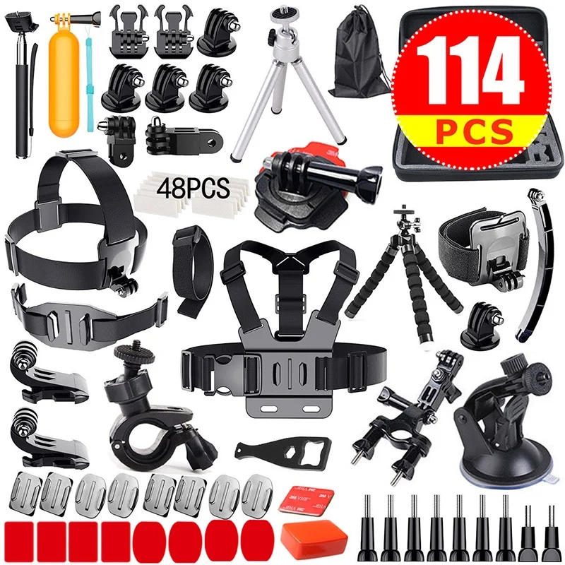 

114pcs Action Cameras Accessories Pack Case Head Chest Monopod Bike Surf Mount for GoPro Hero 10 9 5 4 3 Osmo Sjcam Insta360