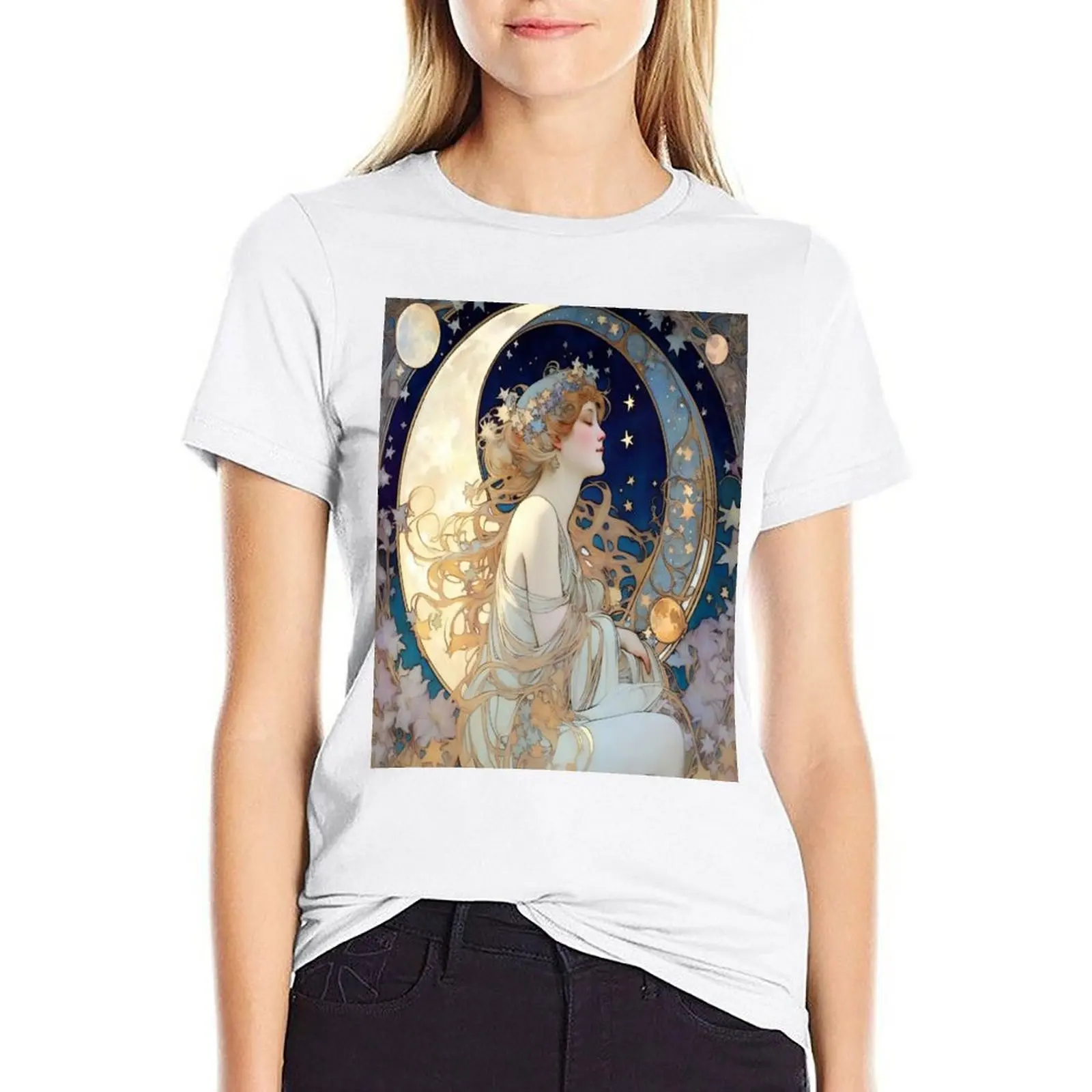 

Celestial Dreams Alphonse Mucha Inspired Moon and Stars T-shirt korean fashion tees funny Women clothes