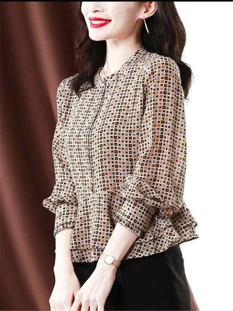 

Vintage Print Pullover Lady Chiffon Shirt O-neck Long Sleeve Folds Lattice Top Loose Cover Belly Women Shirt Offce Female Blouse