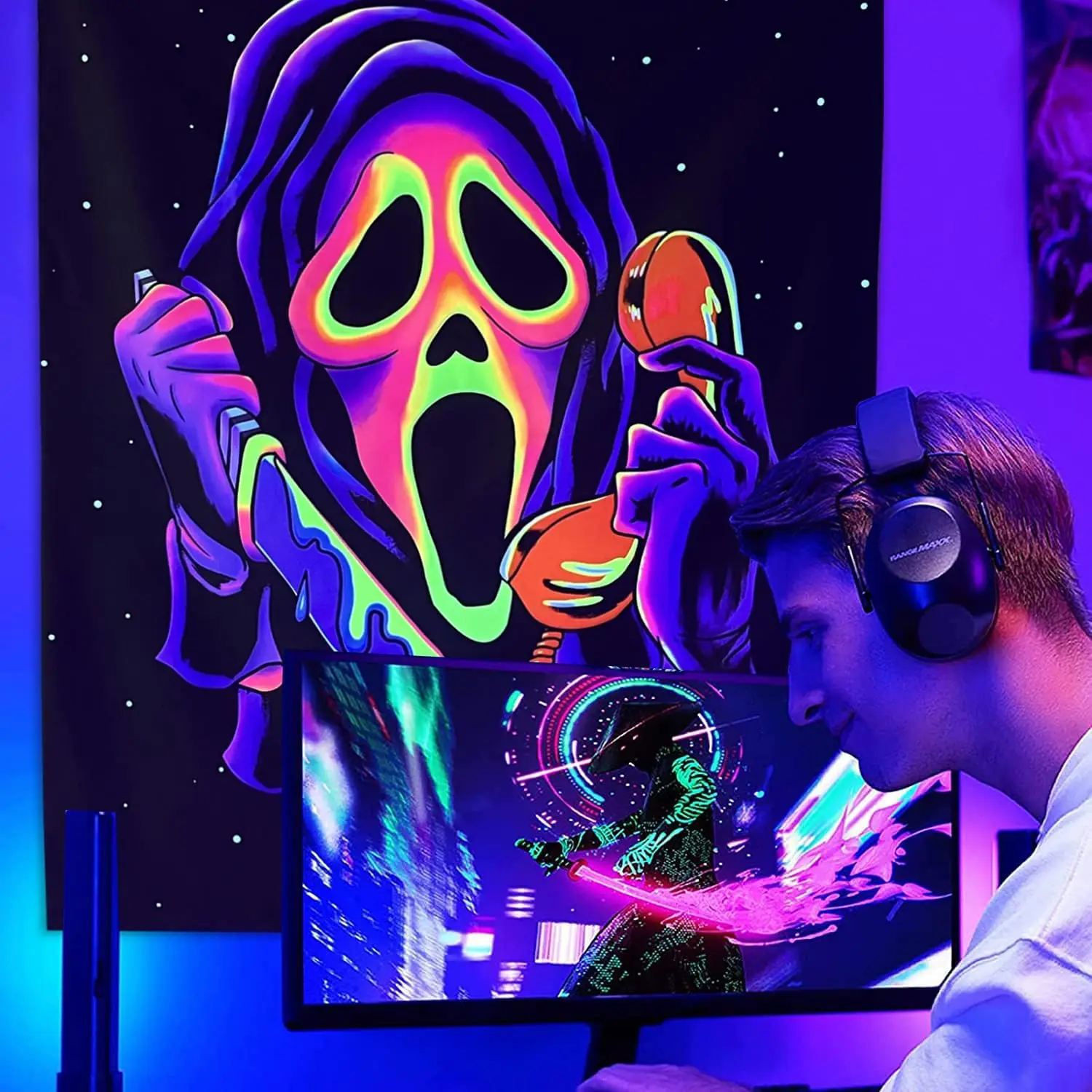 Blacklight Horror Face Tapestry UV Reactive Trippy Wall Hanging Glow in the Dark Party Backdrop for Living Room Decor