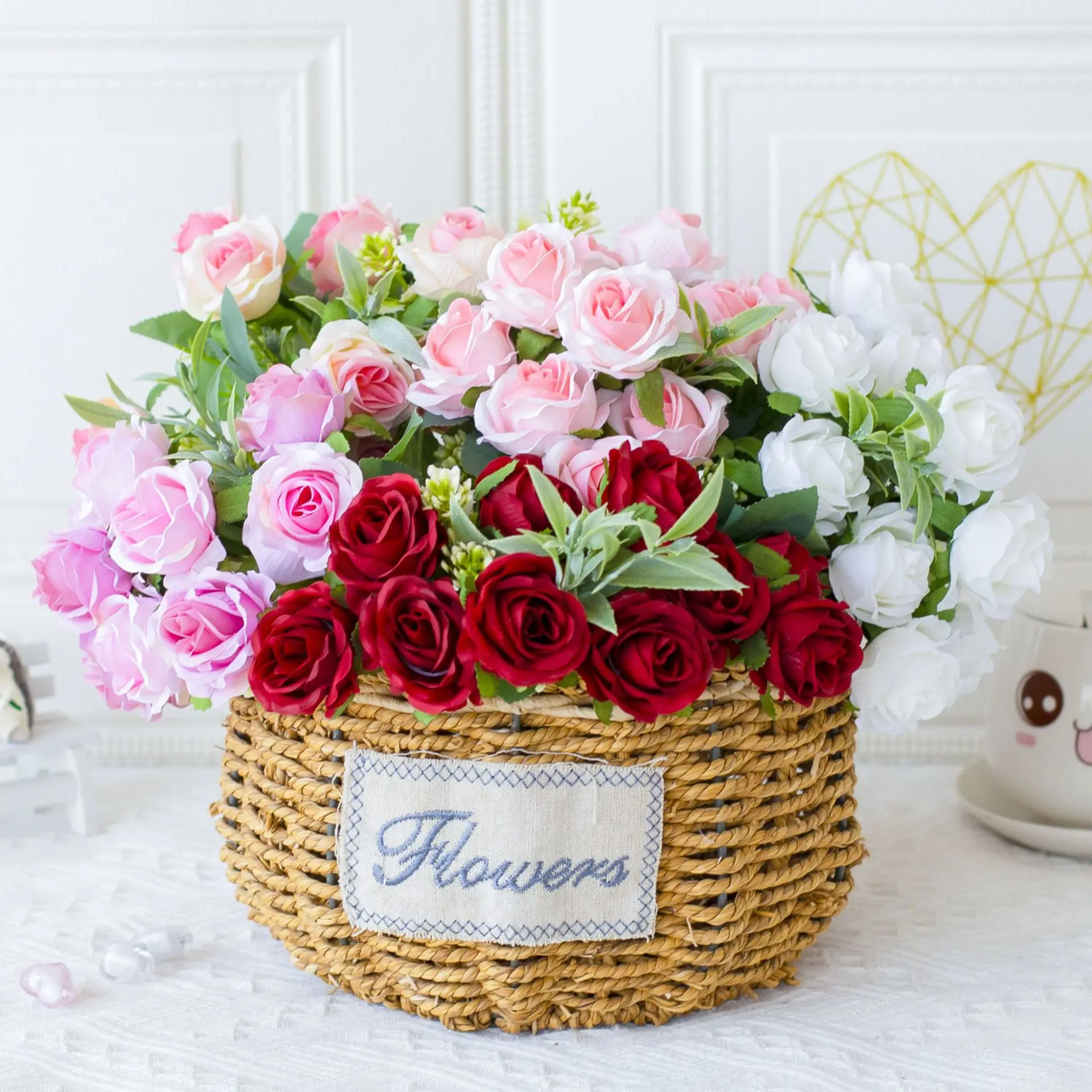 Artificial Flowers Bouquet White Red Rose Eucalyptus Leaves Wedding Decoration Peony Fake Flower For Party Home Decor Outdoor