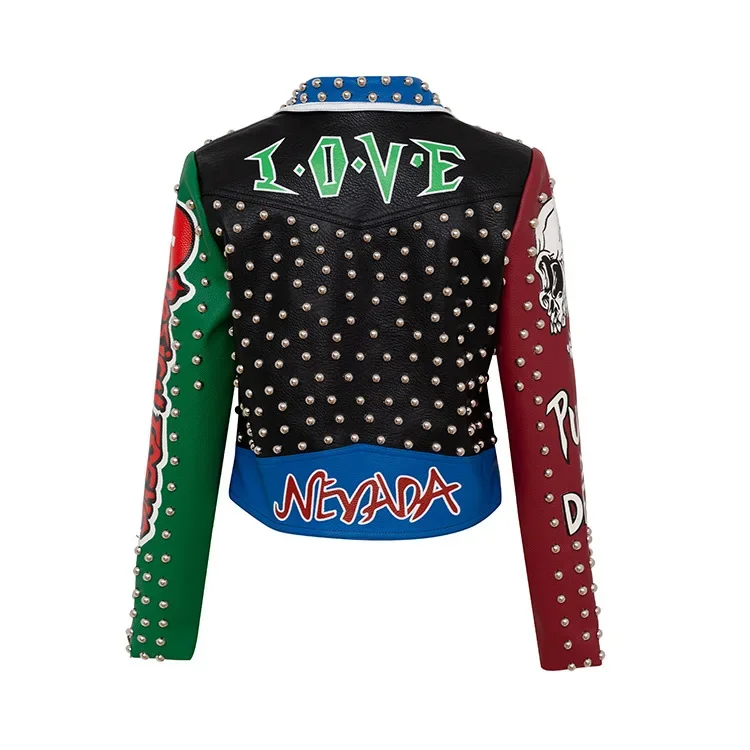Rivets Motorcycle Leather Jacket for Women 2024 Trend Punk Style Graffiti Print Contrast Stitched Faux Leather Cropped Jacket