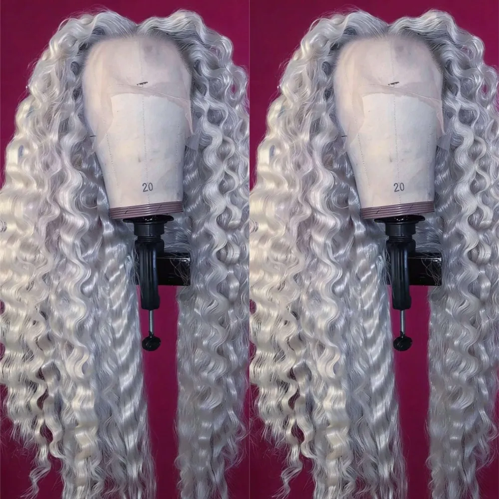 Glueless Grey Colored Deep Wave Human Hair Wigs For Women Silver Gray 13x4 Lace Wig Preplucked HD Transparent Lace Frontal Wig 4