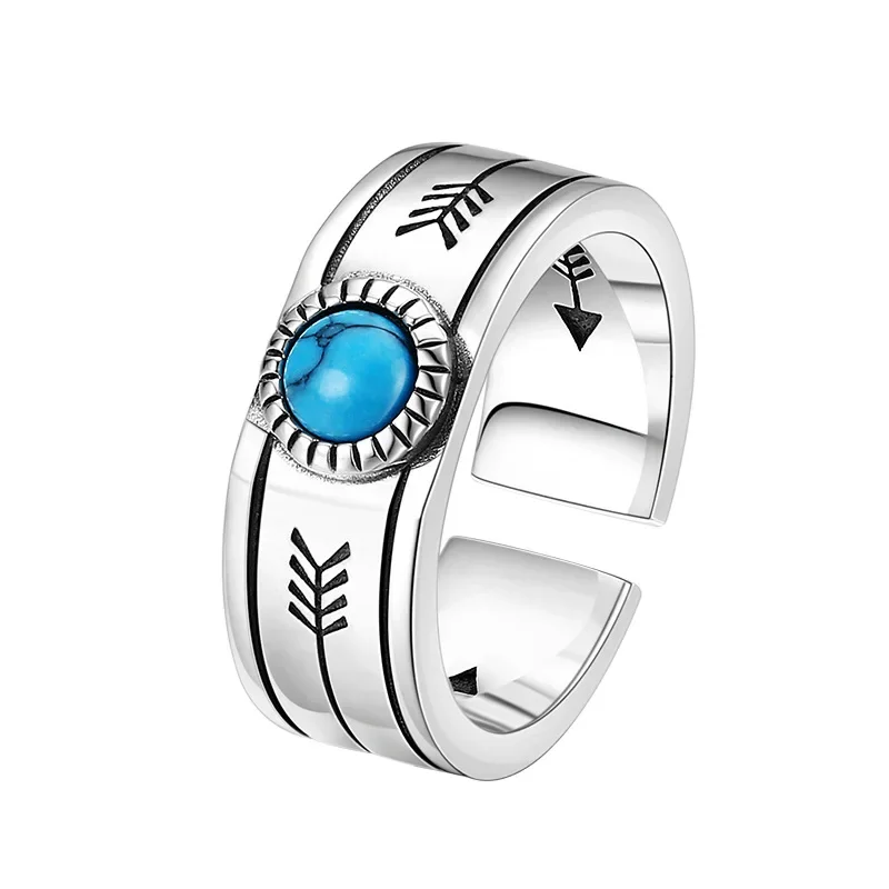 S925 sterling silver charms rings for men women new fashion ancient totem inlaid turquoise punk jewelry free shipping